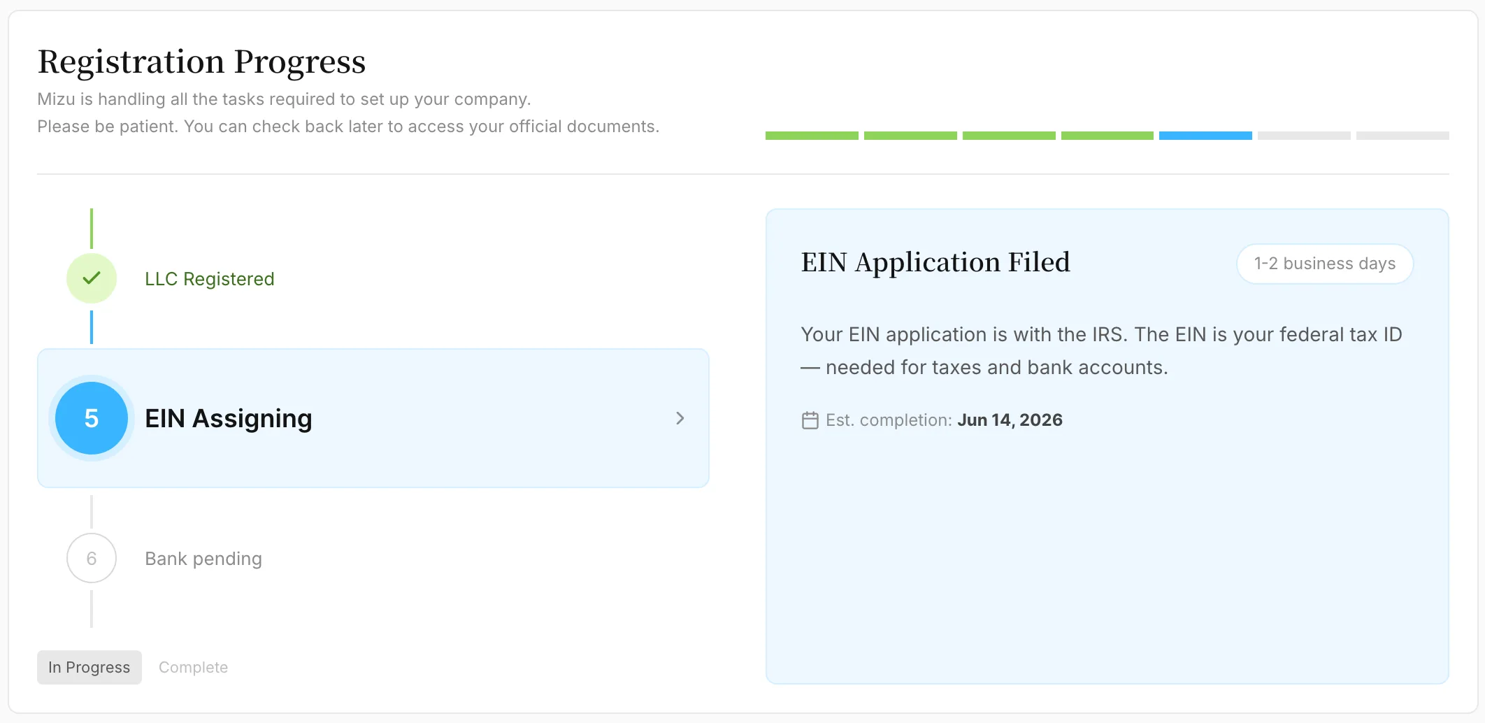 Mizu product interface — registration progress with LLC, EIN, and banking steps